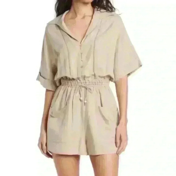 Blank NYC Pants - BLANK NYC Linen Blend Short Sleeve Collared Romper Beige Tan Size Medium Pockets